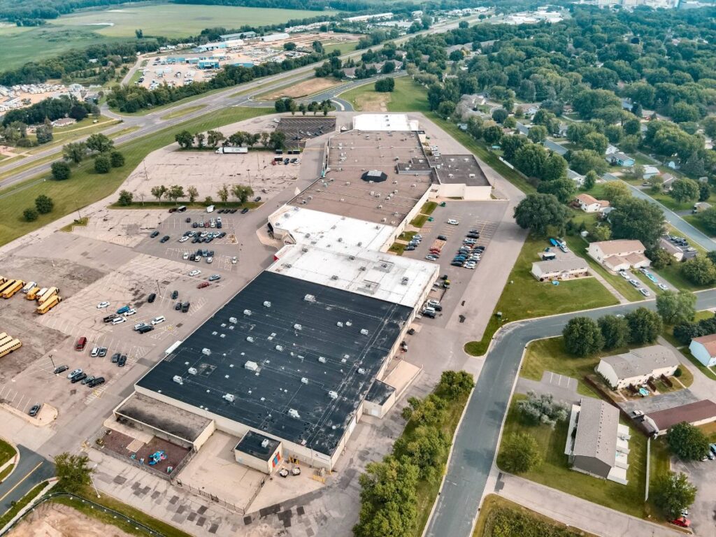 Aerial view of a newly installed commercial roof
