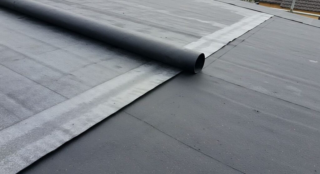 Laying A New Layer Of Dark Grey Waterproofing Membrane On A Residential Flat Roof