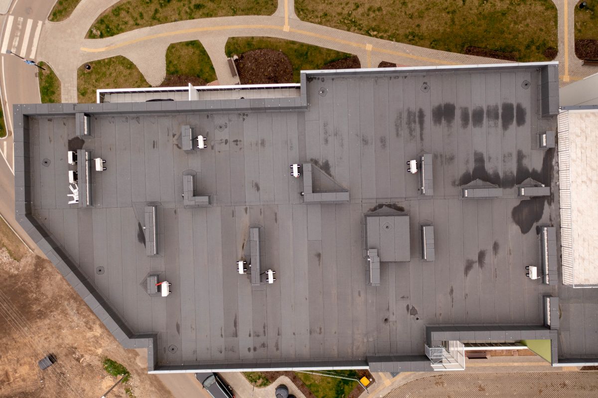 Aerial View Of Black Apartment Building Roof
