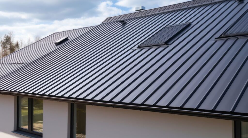 Corrugated Metal Roof Installed In A Modern House, View From Outdoors