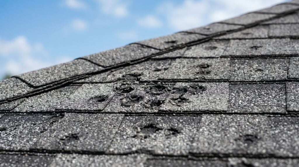 Section Of Grey Asphalt Shingles On Residential Roof Showing Dark Hail Impact Marks And Bruising Across Granule Surface